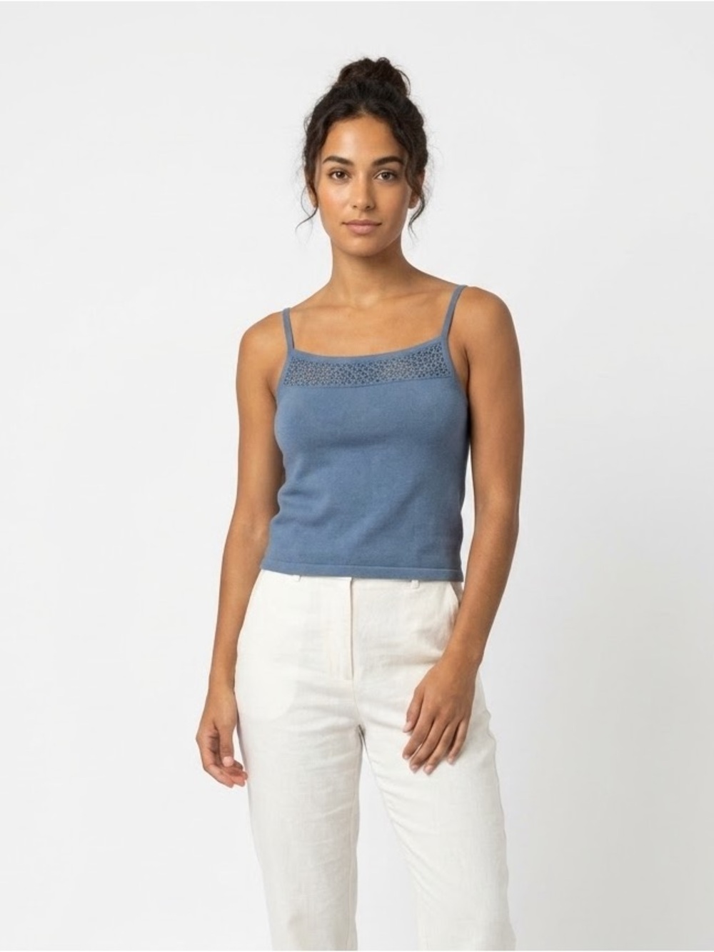 Liz Claiborne Dusty Blue Knit Camisole with Crocheted Design Size Small Cropped